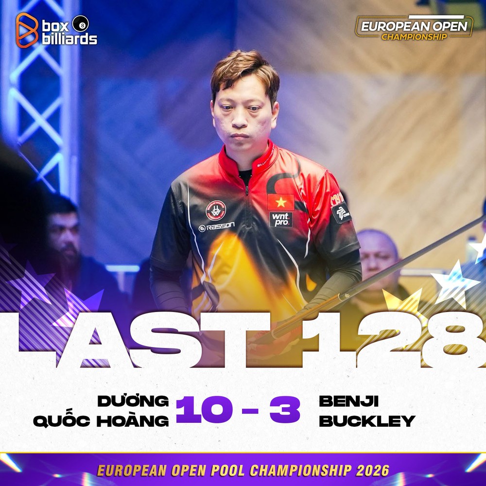 Dương Quốc Hoàng đã thể hiện phong độ đầy ấn tượng khi đánh bại Benji Buckley với tỷ số thuyết phục 10–3 ở last 128 (128 cơ thủ góp mặt) của European Open Championship 2026