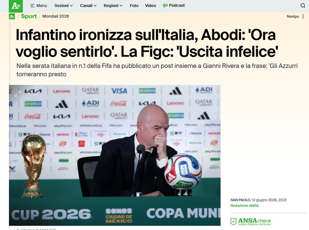 LĐBĐ Italy phản ứng sau phát ngôn gây tranh cãi của Chủ tịch FIFA về tăng số đội dự World Cup - Ảnh 1. LĐBĐ Italy phản ứng sau phát ngôn gây tranh cãi của Chủ tịch FIFA về tăng số đội dự World Cup - Ảnh 1.