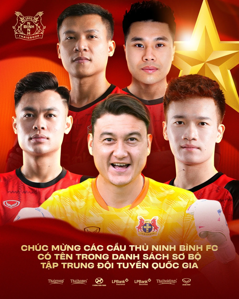 Có 5 cầu thủ của Ninh Bình FC được triệu tập là thủ môn Đặng Văn Lâm, hậu vệ Trương Tiến Anh, trung vệ Lê Ngọc Bảo, tiền vệ Nguyễn Hoàng Đức và Nguyễn Đức Chiến