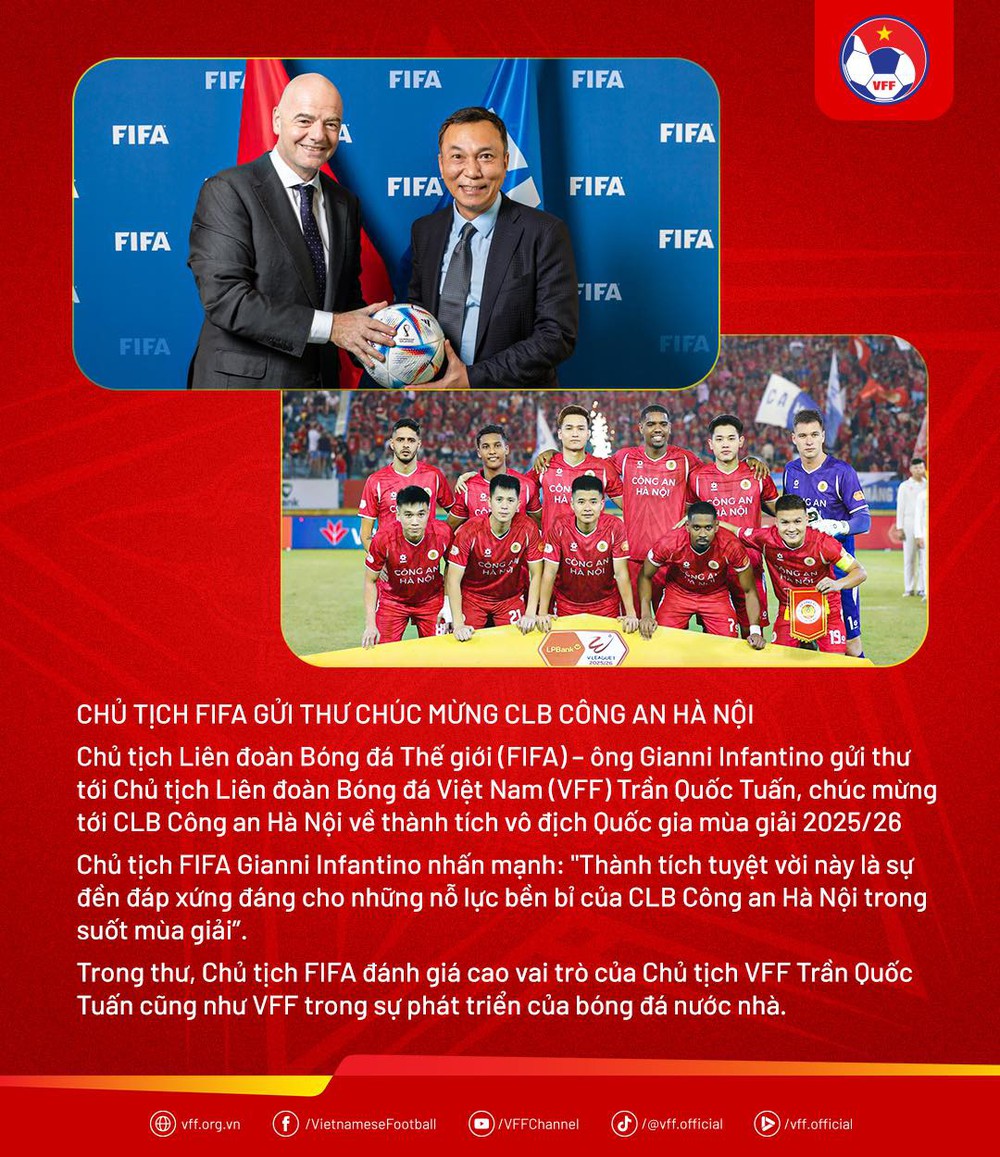 Chủ tịch FIFA chúc mừng CLB Công an Hà Nội vô địch V-League 2025/26 - Ảnh 1. Chủ tịch FIFA chúc mừng CLB Công an Hà Nội vô địch V-League 2025/26 - Ảnh 1.
