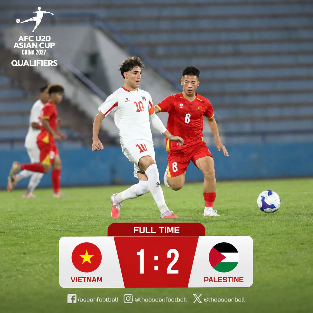 U20 Việt Nam thua U20 Palestine 1-2 ở vòng loại U20 Châu Á 2027. Ảnh: ASEAN Football