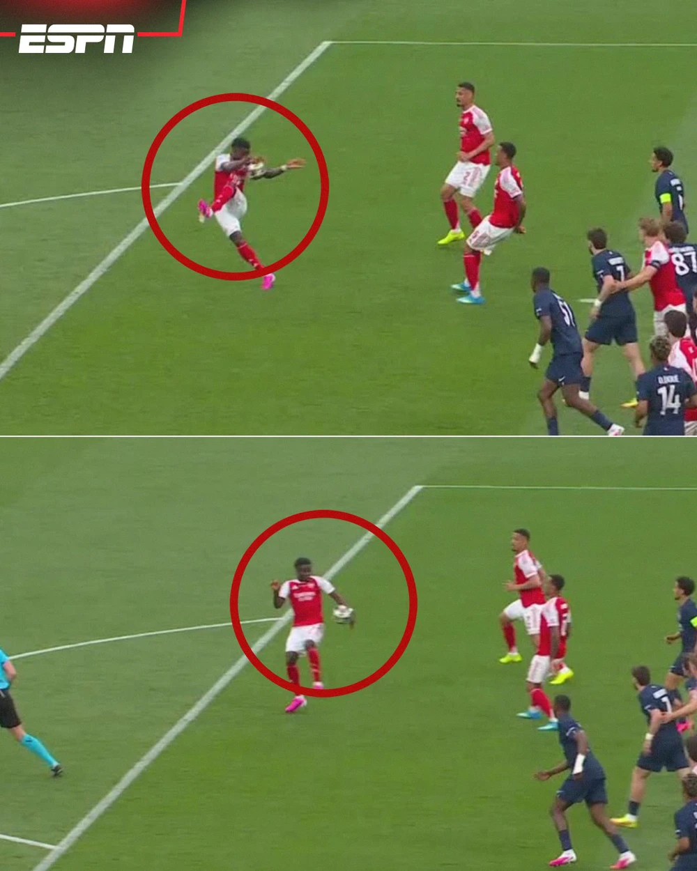 Vì sao Arsenal không bị thổi phạt đền dù Saka chạm tay rõ ràng? - Ảnh 2. Vì sao Arsenal không bị thổi phạt đền dù Saka chạm tay rõ ràng? - Ảnh 2.