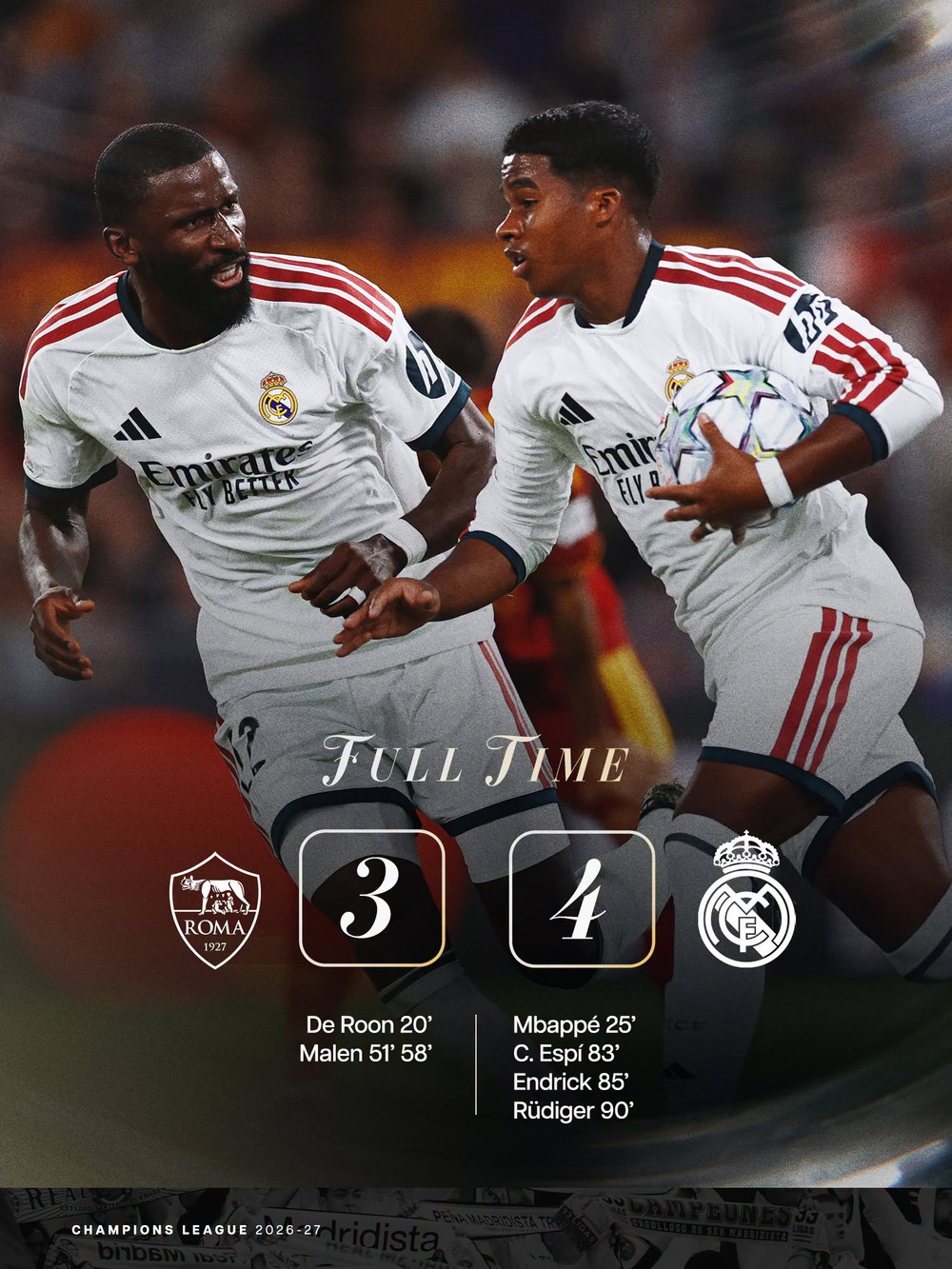 Real Madrid một lần nữa cho thấy bản lĩnh đặc biệt tại Champions League khi ngược dòng đánh bại Roma với tỷ số 4-3 ngay trên sân Olimpico rạng sáng 15/10. Ảnh: CLB Real Madrid