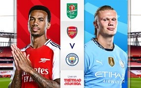 LIVE football Arsenal vs Man City at 23:30 tonight, English League Cup Final