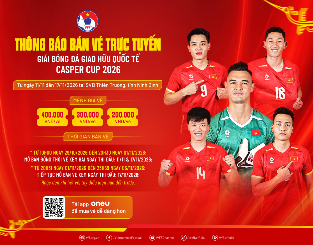 Vé xem đội tuyển Việt Nam tại Casper Cup 2026 cao nhất 400.000 đồng - Ảnh 1. Vé xem đội tuyển Việt Nam tại Casper Cup 2026 cao nhất 400.000 đồng - Ảnh 1.