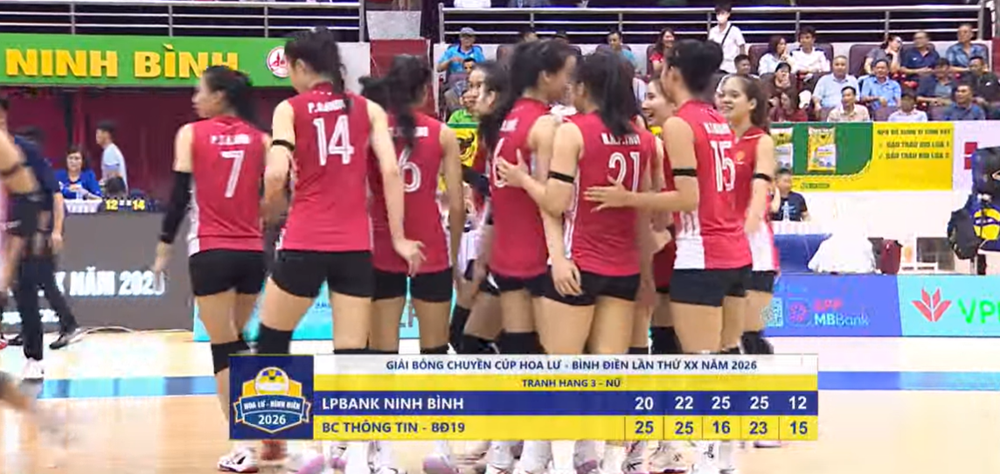 Vượt qua chủ nhà LPBank Ninh Bình sau 5 set, Binh Chủng Thông Tin Binh Đoàn 19 giành hạng 3 chung cuộc ở cúp Hoa Lư Bình Điền 2026. Vượt qua chủ nhà LPBank Ninh Bình sau 5 set, Binh Chủng Thông Tin Binh Đoàn 19 giành hạng 3 chung cuộc ở cúp Hoa Lư Bình Điền 2026.