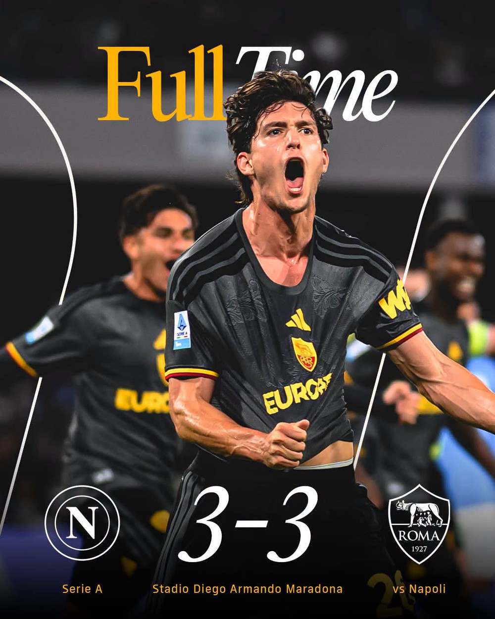 Roma tiếp tục duy trì thành tích bất bại tại Serie A mùa này sau khi cầm hòa Napoli 3-3 trên sân Diego Armando Maradona ở vòng 8. Ảnh: CLB Roma