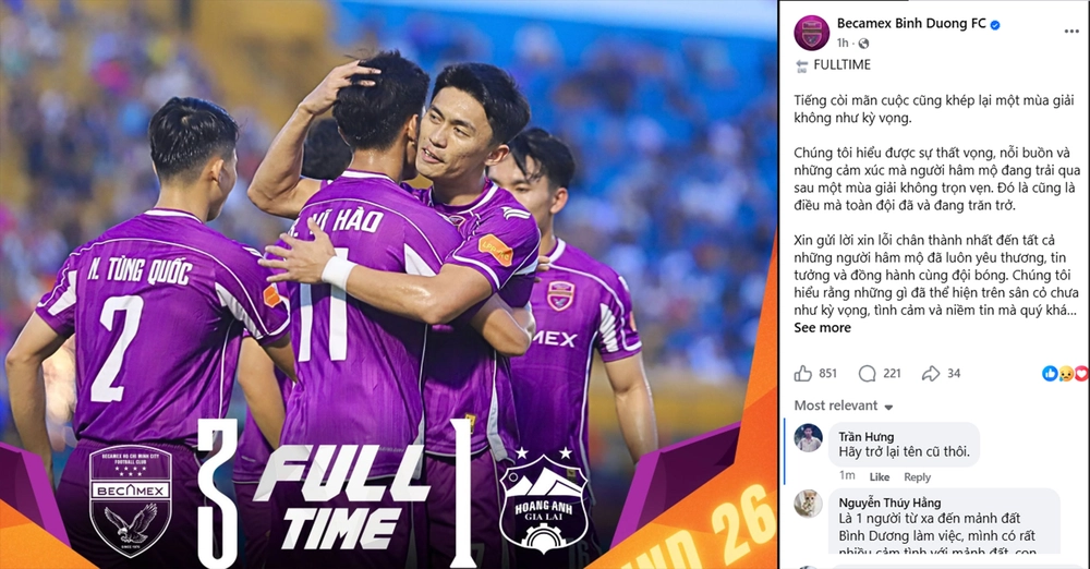 Rớt hạng V-League lần đầu tiên sau 22 năm, Becamex TBHCM viết tâm thư gửi người hâm mộ - Ảnh 1. Rớt hạng V-League lần đầu tiên sau 22 năm, Becamex TBHCM viết tâm thư gửi người hâm mộ - Ảnh 1.