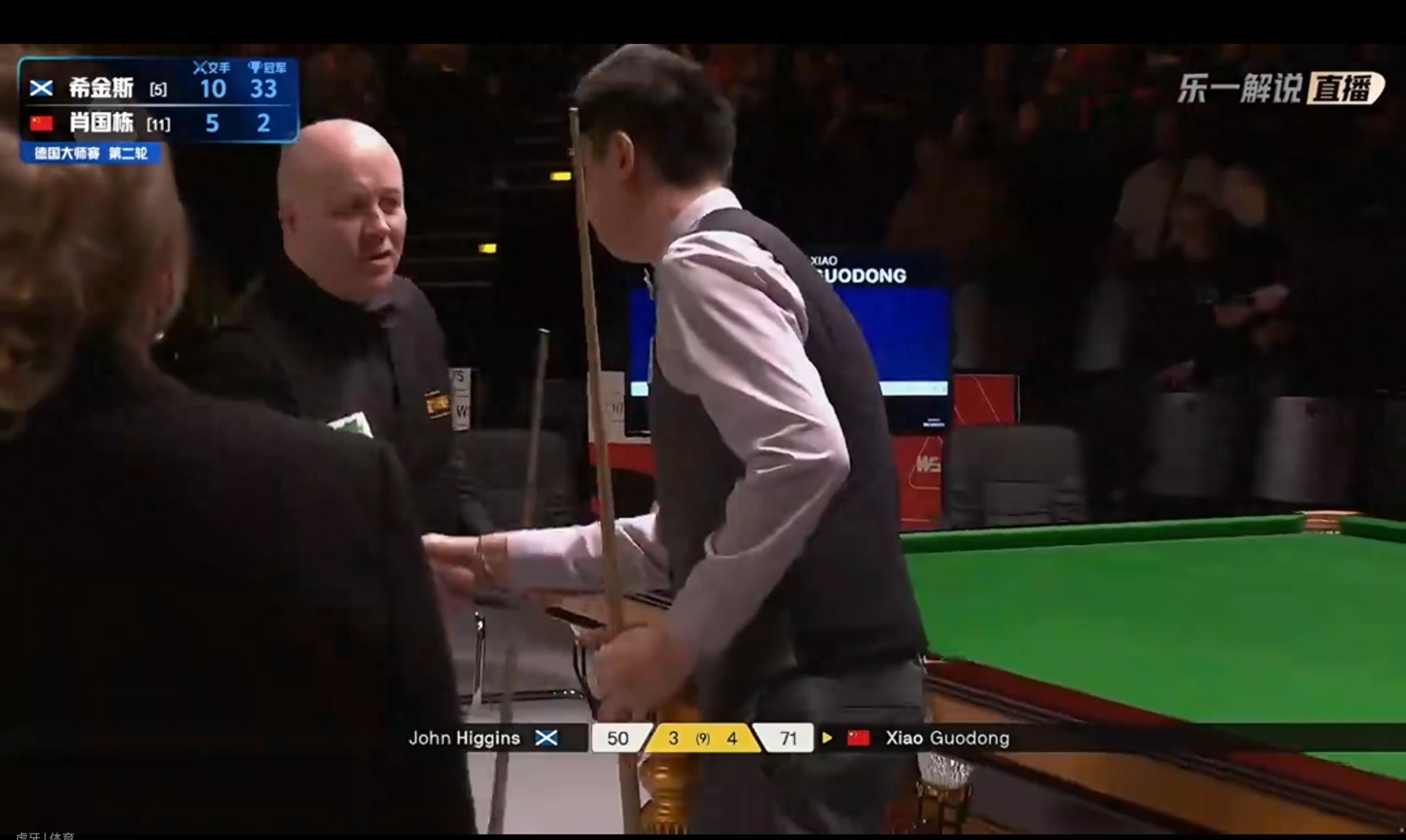 Latest update from the Snooker German Masters: Xiao Guodong defeats Higgins 5-3 to reach the quarterfinals.