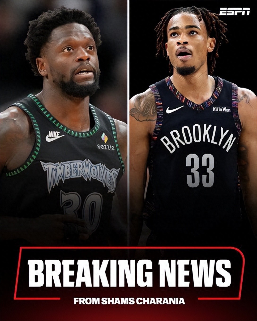 A three-team trade has been completed! The Timberwolves send Julius Randle to the Nets, while the Bulls acquire Nic Claxton.