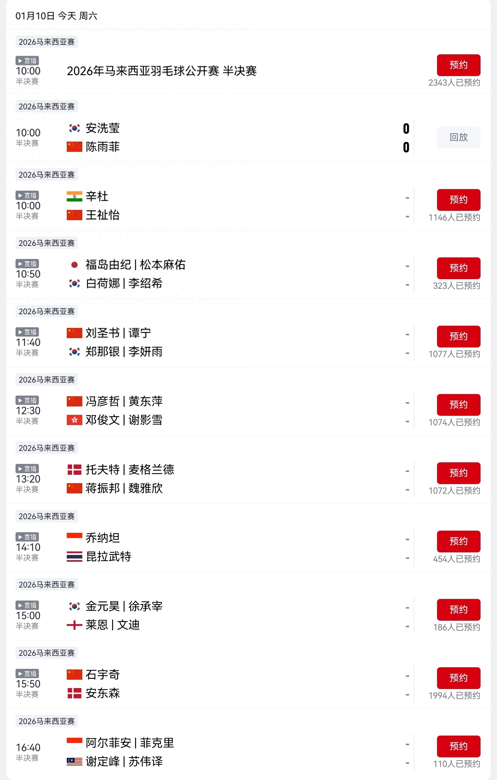 CCTV Video today's (1.10) live broadcast schedule for the Malaysia Open Badminton Tournament featuring Shi Yuqi and Wang Zhiyi.