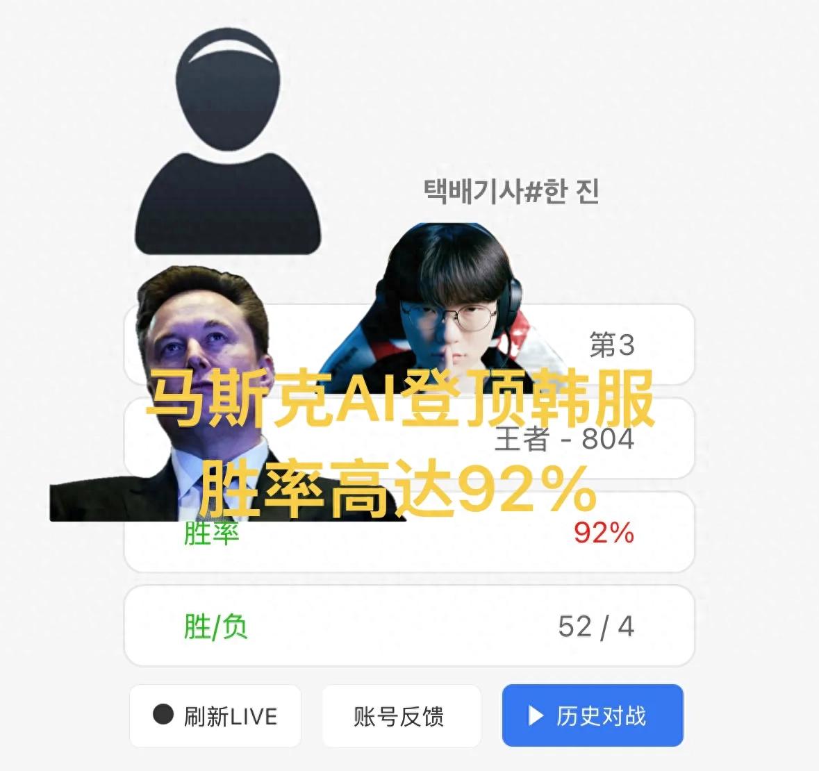 "Suspected Elon Musk AI account tops Korean server in two days," boasting a 95% win rate with only four losses