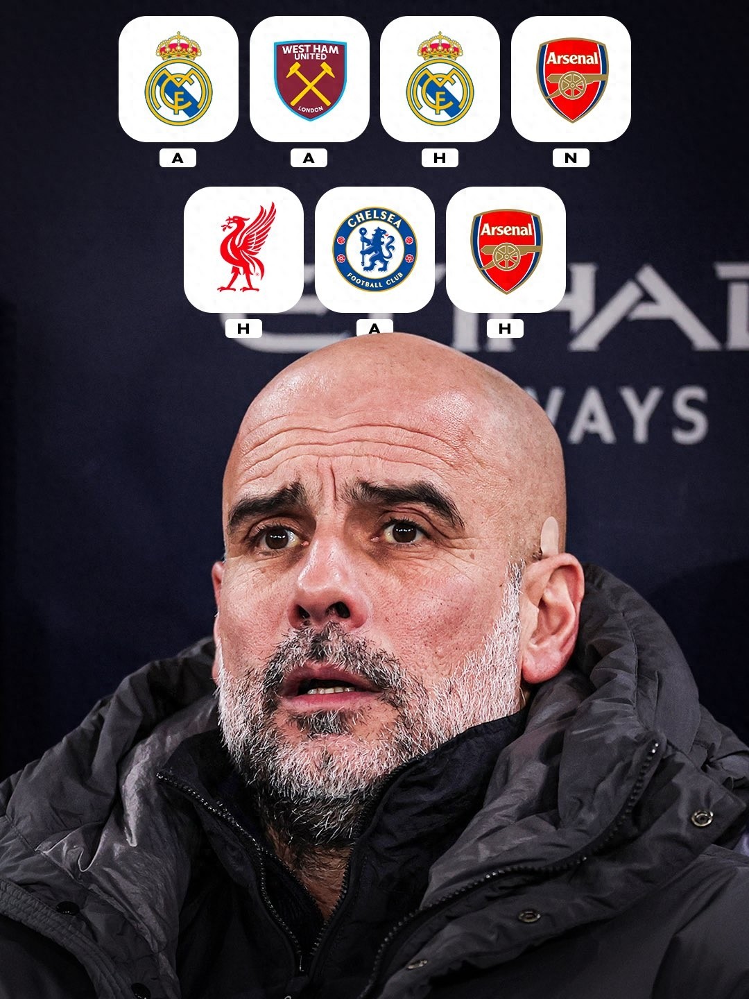 Guardiola faces a tough challenge: Manchester City's upcoming 7 matches are a grueling schedule, featuring two clashes against Real Madrid plus Arsenal and the Red-Blue army.