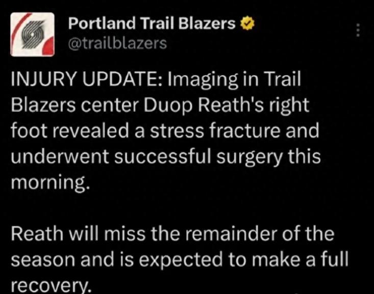 30 years old! Trail Blazers' big man! Out for the season with a stress fracture