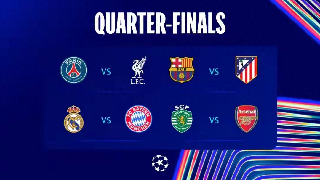Summary of the Top 5 Leagues in the Three-Level European Champions League Quarter-finals: La Liga (6 teams), Premier League (5 teams), Bundesliga (3 teams), Ligue 1 and Serie A (2 teams each)