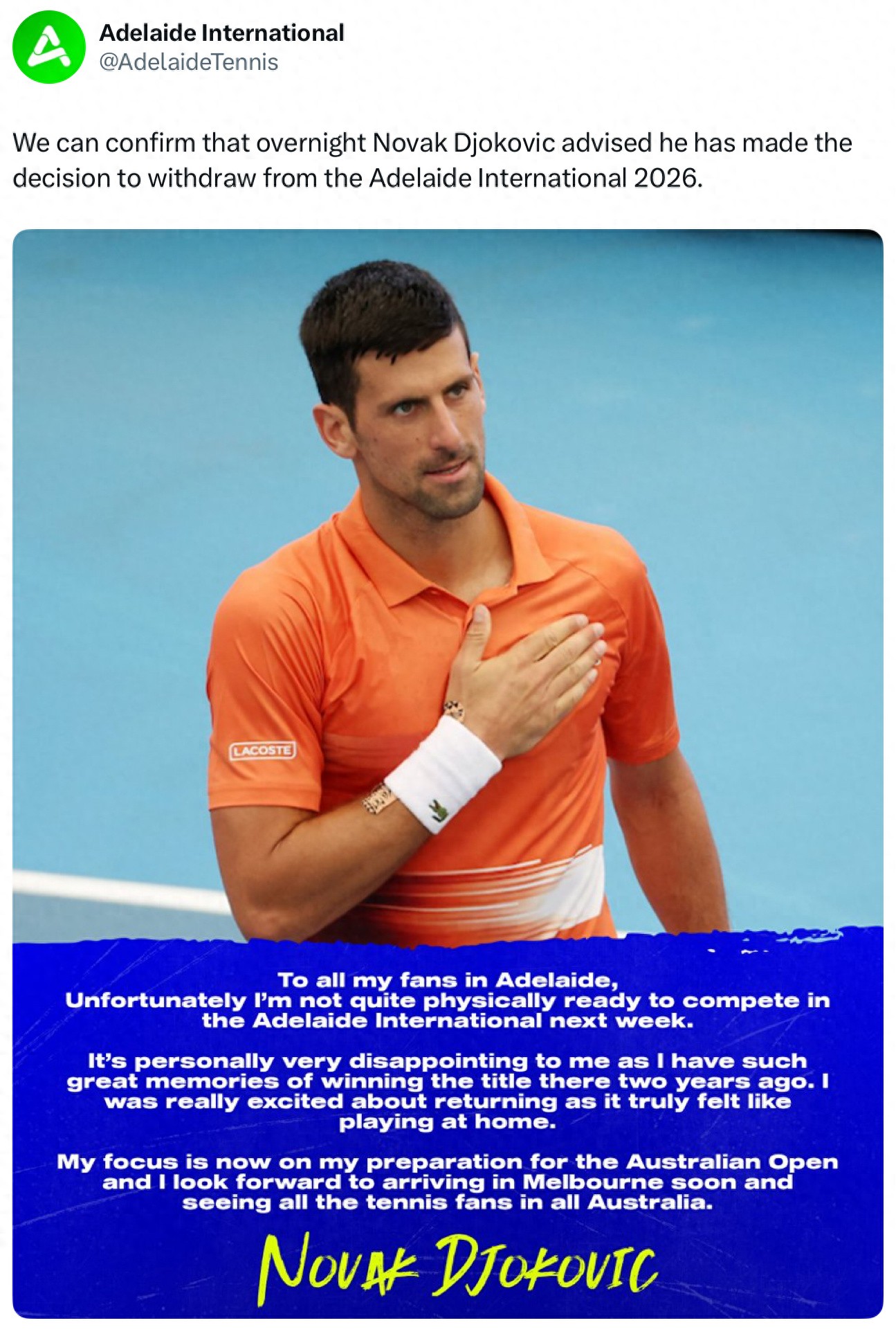 Djokovic Announces Withdrawal from Adelaide Event, Will Enter Australian Open Directly