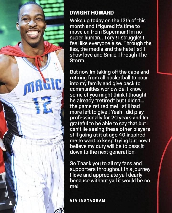 He's done! Howard announces retirement, officially ending his NBA career.