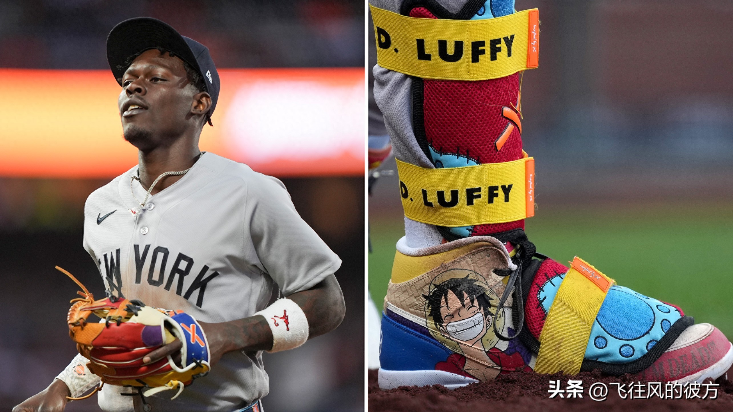 Jazz Chisholm Jr. of the New York Yankees debuted in the opening game wearing "One Piece" themed sneakers and gloves.