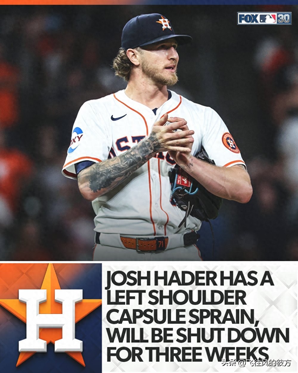 Houston Astros star closer Josh Hader will be sidelined for three weeks due to a left shoulder capsule strain.