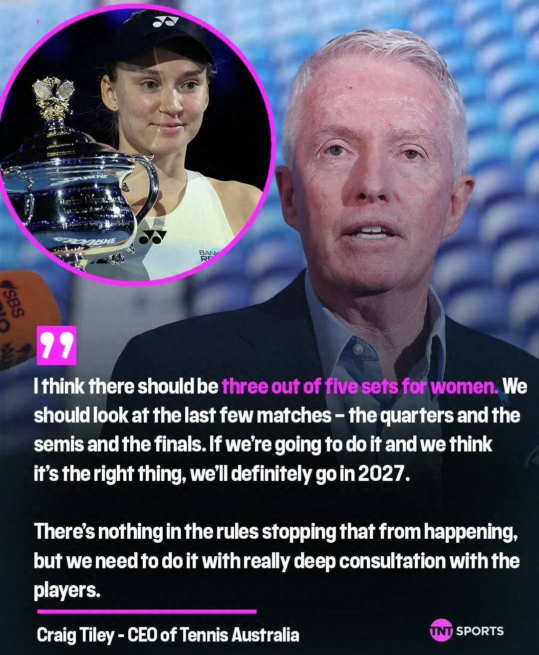 Breaking news! The Australian Open tournament director reveals that the women's event may adopt a best-of-five sets format after the quarterfinals next year.
