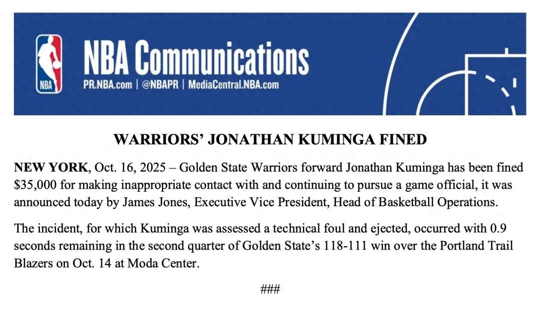 It&#39;s official! NBA fines Kuminga! The first preseason penalty has been issued.