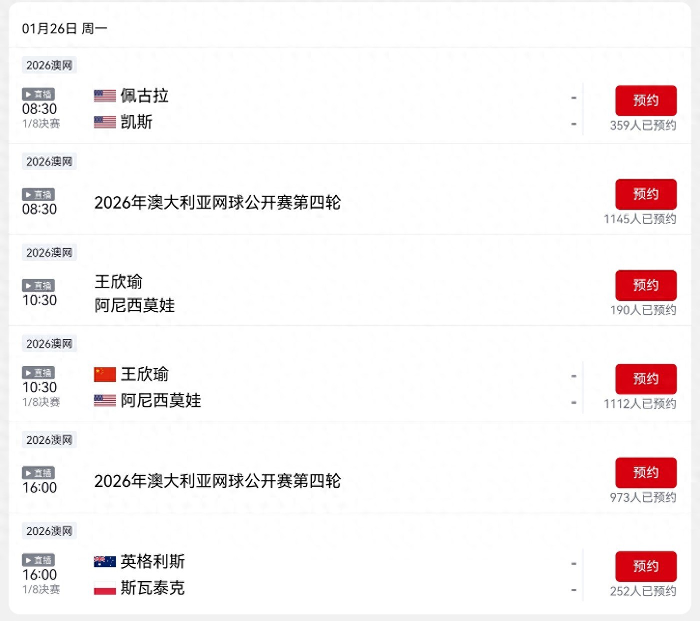 CCTV-5 and Yangshipin's live broadcast schedule for the Australian Open tomorrow (1.26): Wang Xinyu, Swiatek, and Keys will compete.