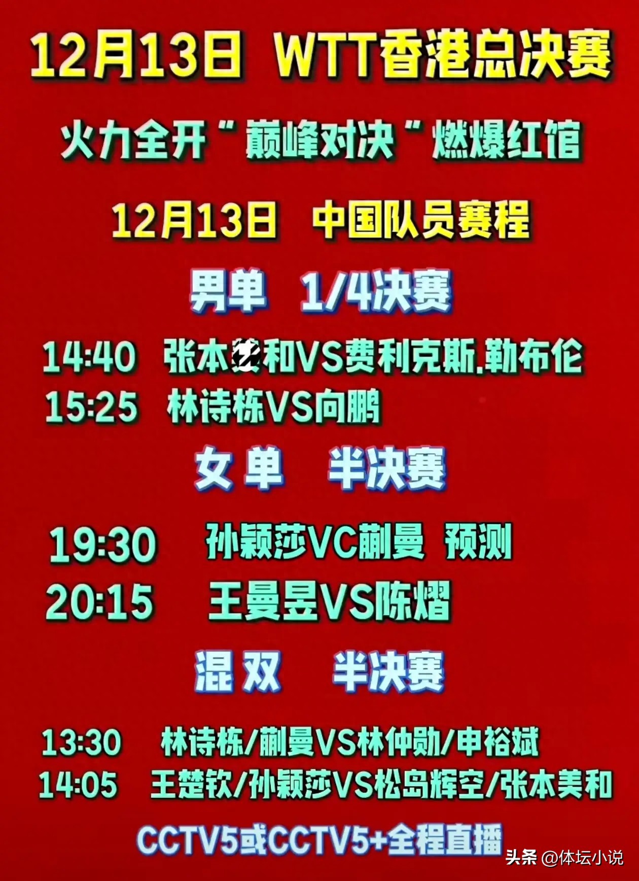 國乒兩對混雙組合攜手挺進總決賽四強,女單席捲四強席位,13日賽程正式出爐