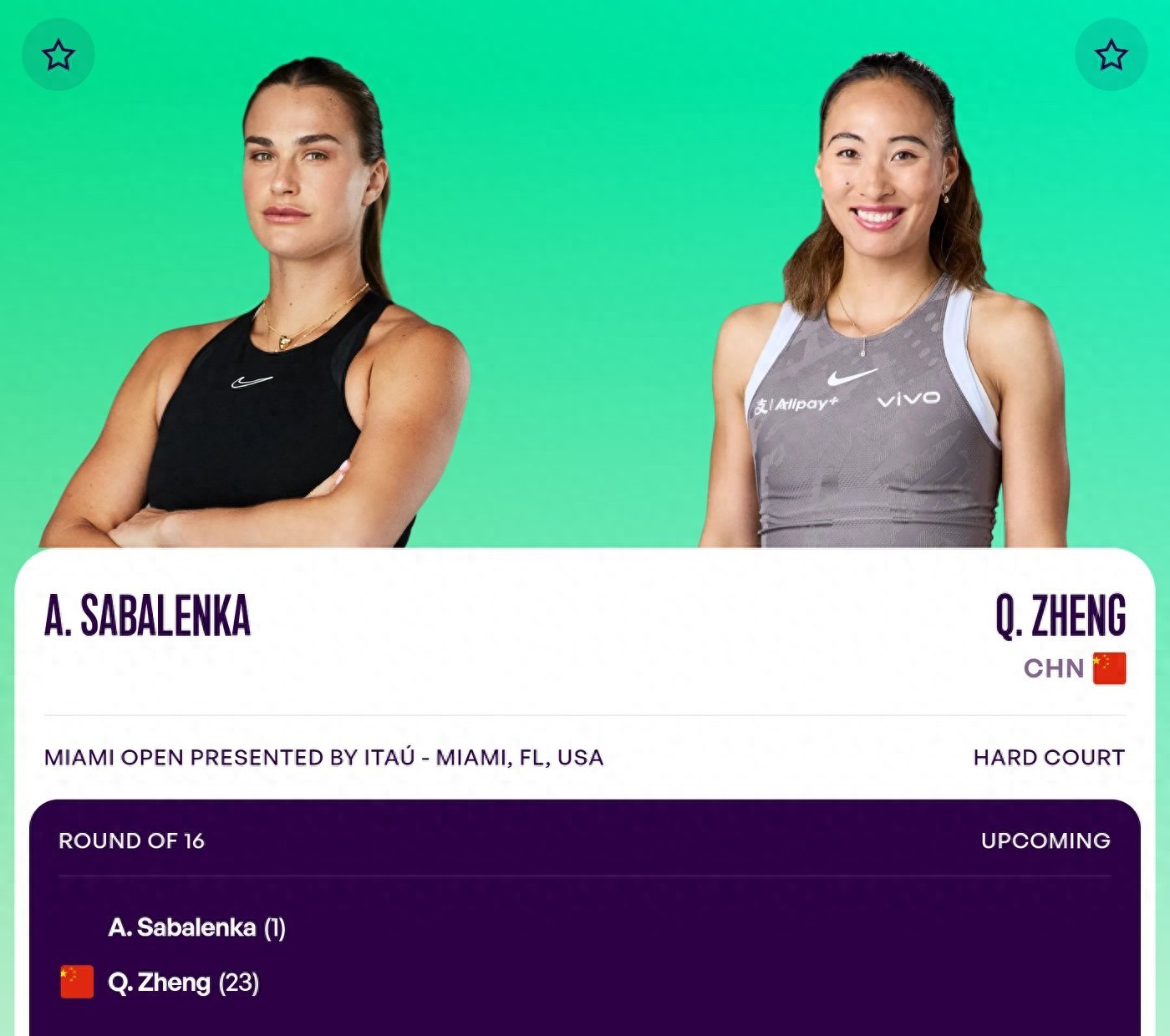 WTA Miami Open schedule tomorrow (3.24): Zheng Qinwen vs. Aryna Sabalenka, live on Migu + Youku.