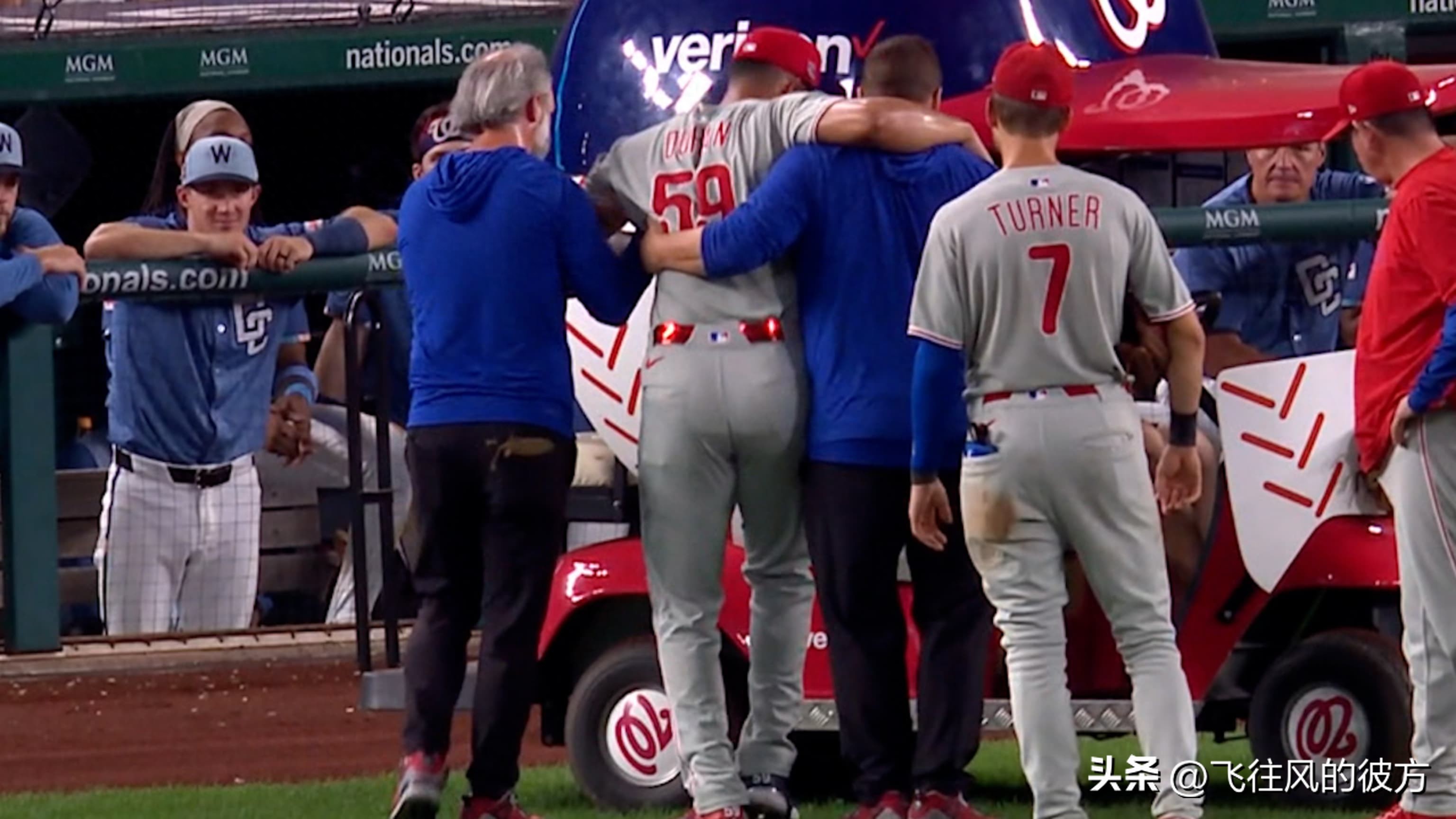 The Philadelphia Phillies&#39; reliever Jhoan Duran was carried off the field on a stretcher after a post-game X-ray came back negative.