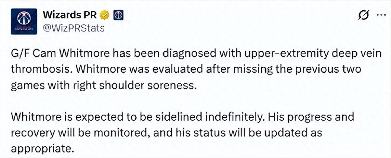 Confirmed diagnosis! Right shoulder venous thrombosis! The NBA first-round pick discarded by the Rockets