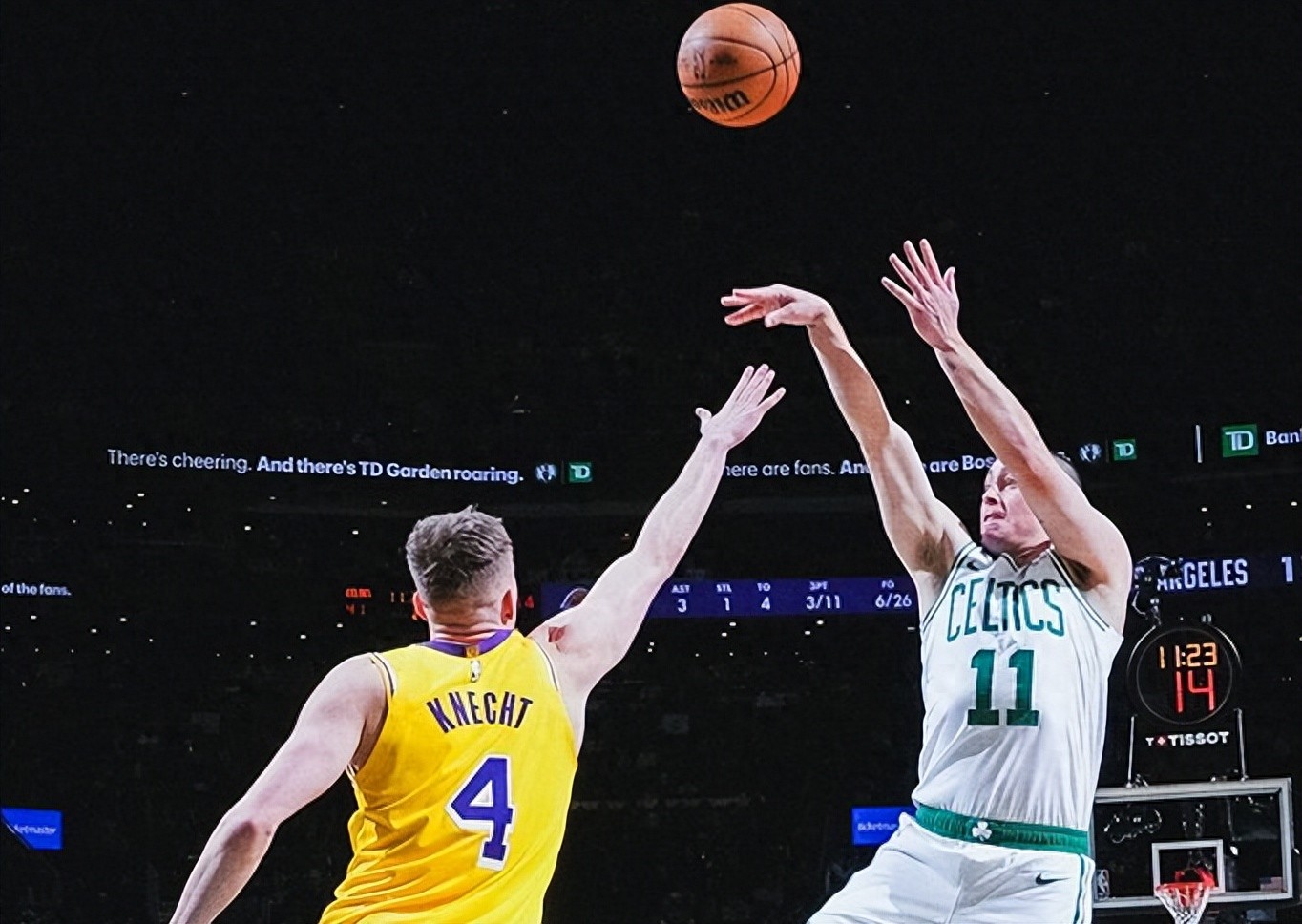 Luka Dončić and LeBron James were absent as Reaves scored 36 points and 8 assists in vain; the Celtics dominated the Lakers with 24 three-pointers.