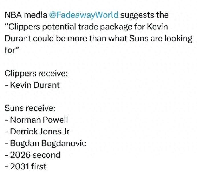 5 for 1! The U.S. media suggests trading Durant! The Clippers are poised to make a splash in the NBA