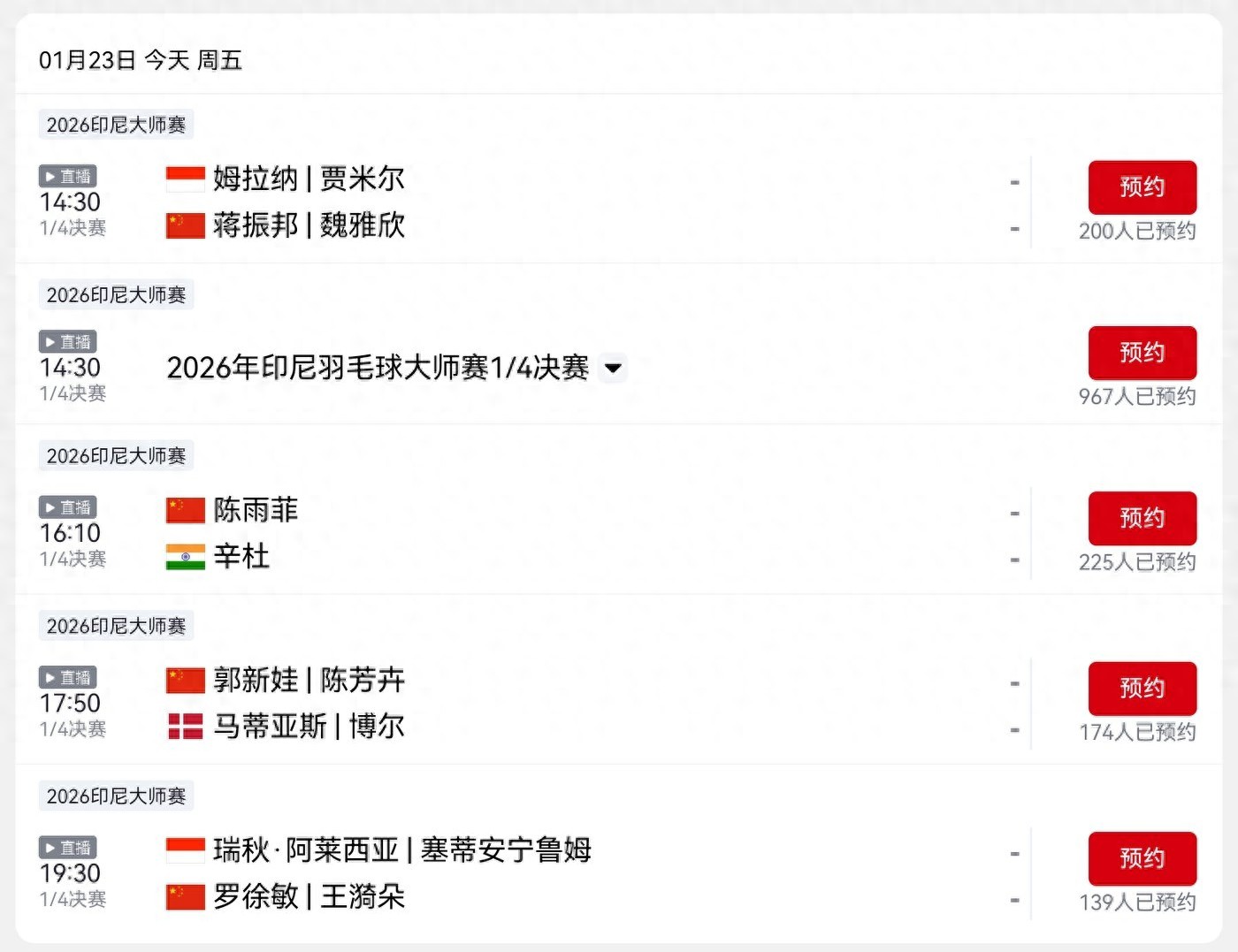 CCTV Sports' live broadcast schedule for today's (1.23) Indonesia Masters badminton tournament features players like Chen Yufei and Jiang Zhenbang.