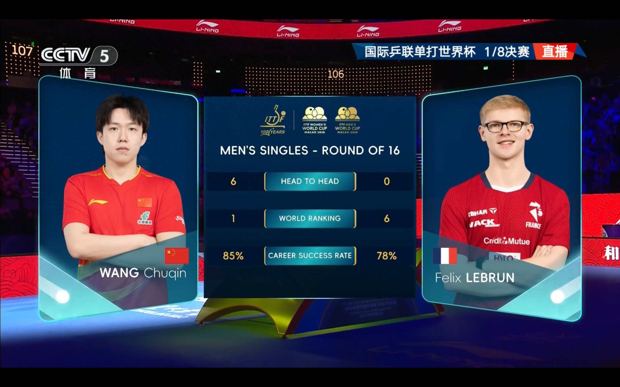 Live broadcast of the Table Tennis World Cup quarterfinal match: Wang Chuqin vs. Lebrun.