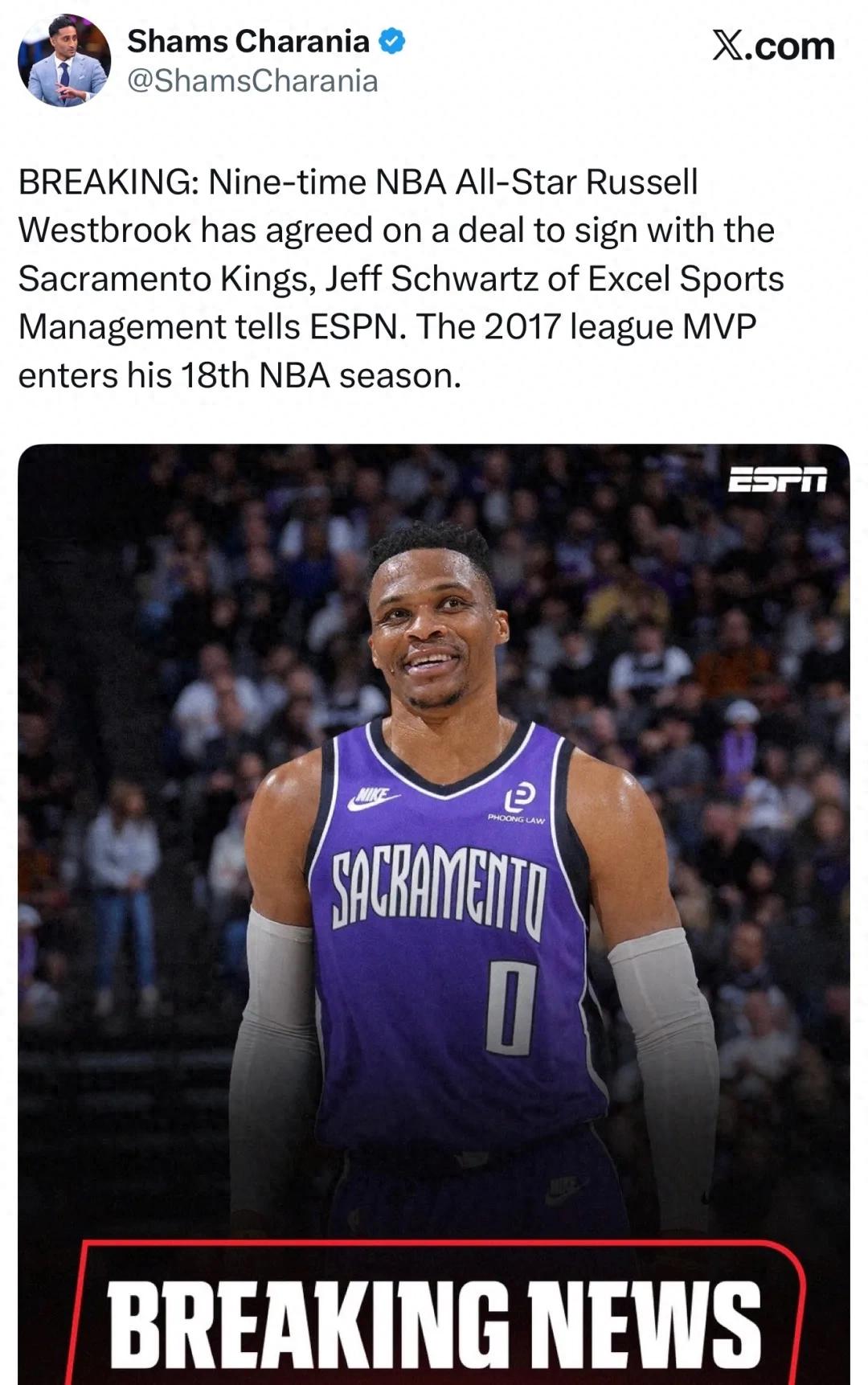 Agreement reached to join the team! Hello, Westbrook! Officially back in the NBA.