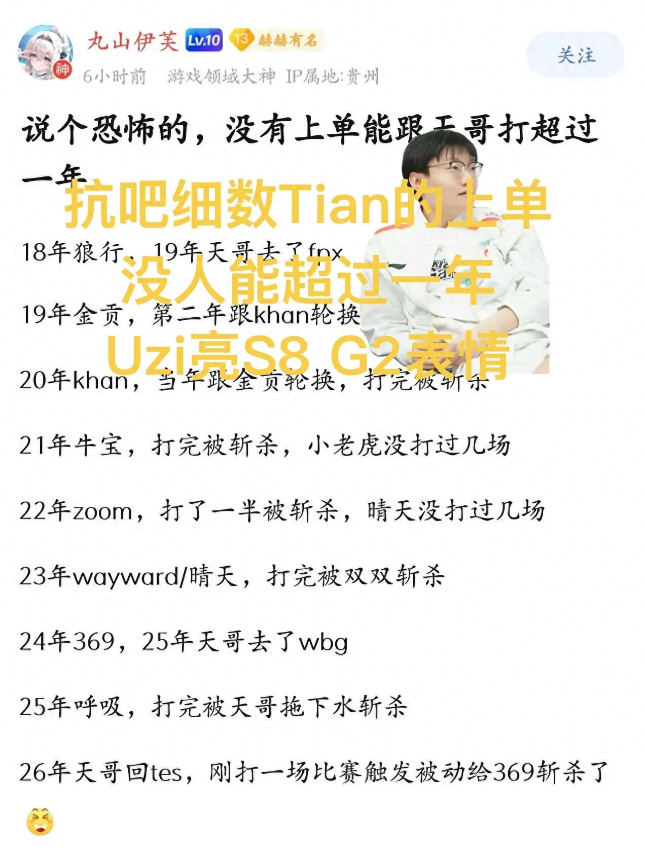 Counting the top lane players Tian has collaborated with, none of the 11 have lasted over a year, while Uzi flashed the 2018 G2 icon.