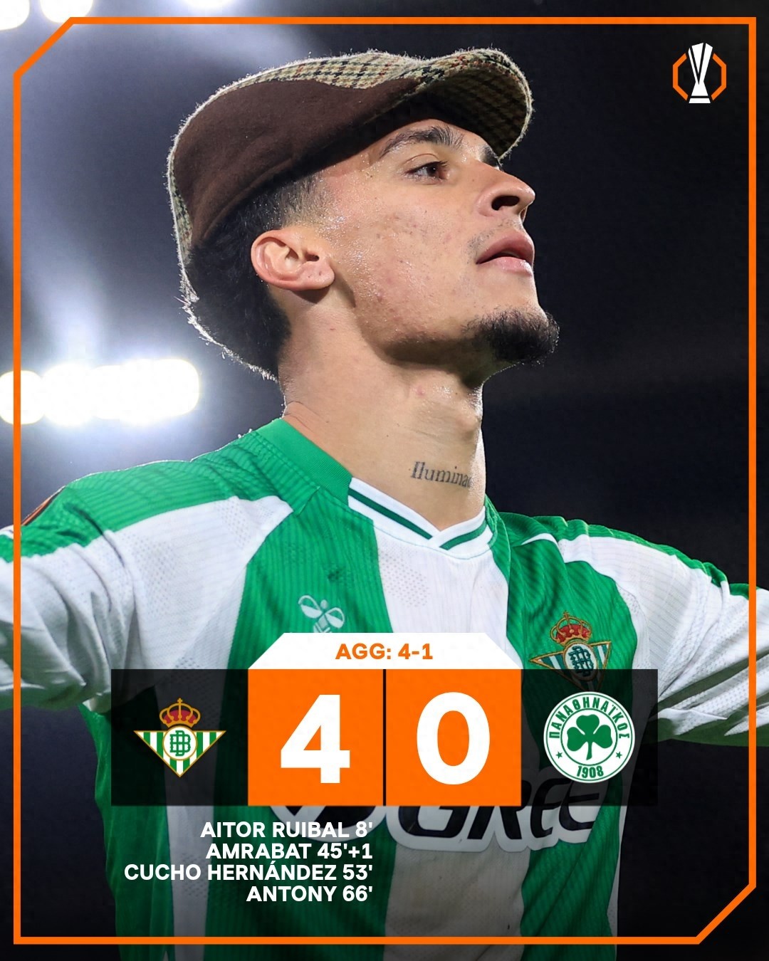 Not discouraged by Brazil's exclusion, Anthony celebrates with a hat-trick in Europa League as Betis advances to quarter-finals.