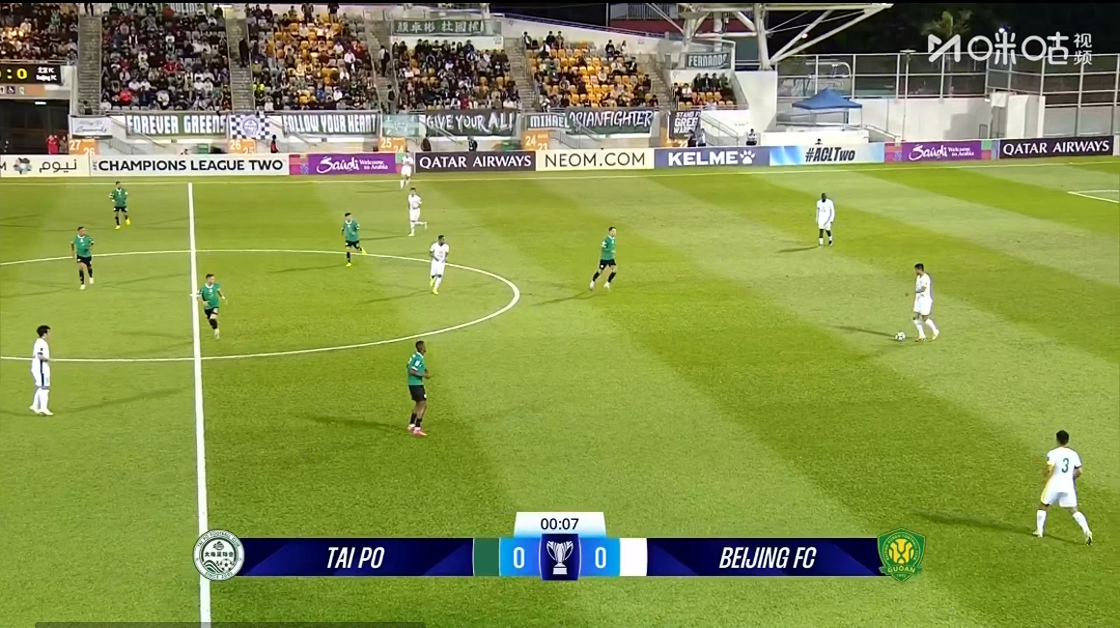 The AFC Champions League live broadcast shows Beijing Guoan trailing Wofoo Tai Po 0-2.