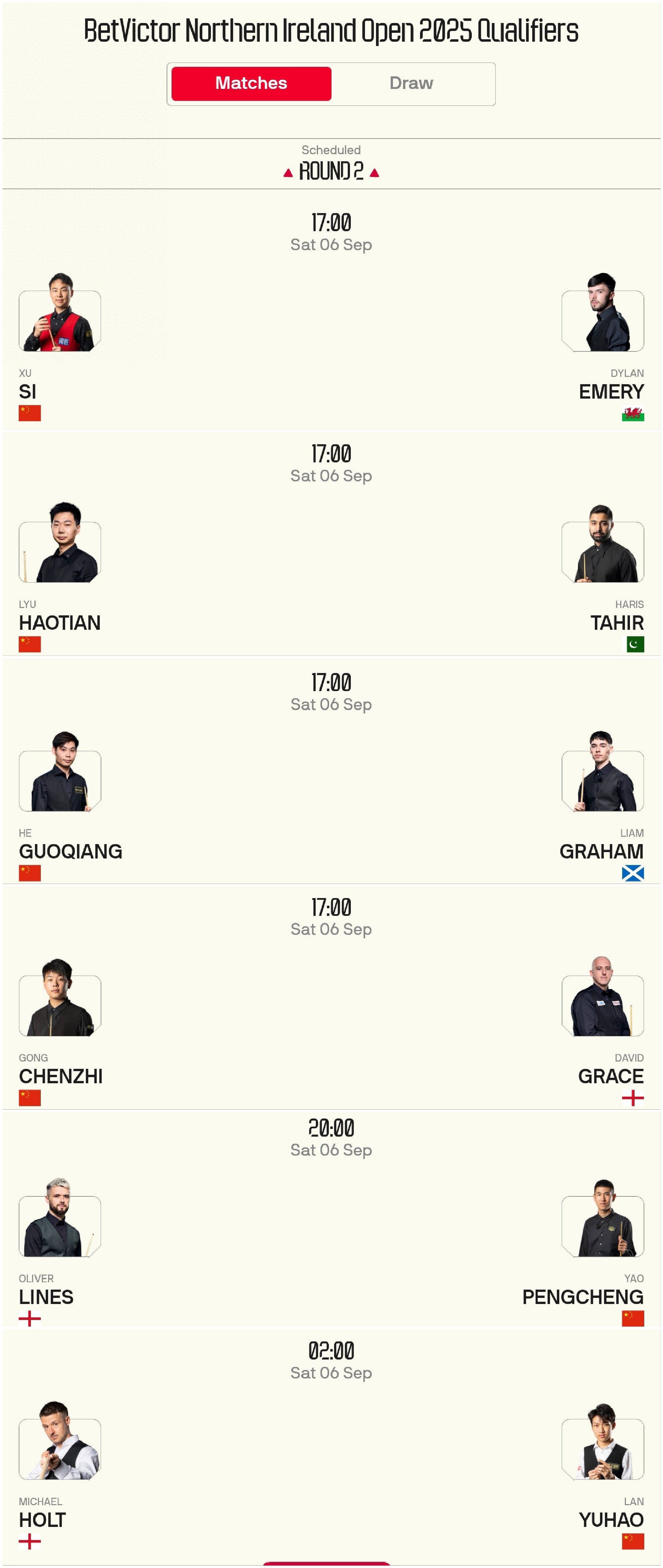 The Snooker Northern Ireland Open schedule for tomorrow (9.6) features six national players competing, live on Huya.