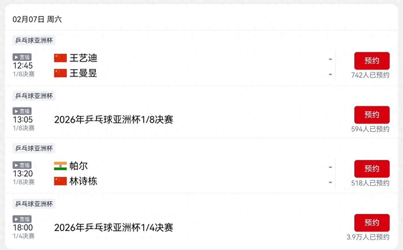 CCTV-5 plans to broadcast the Table Tennis Asian Cup today (2.7), featuring Wang Chuqin, Lin Shidong, and Sun Yingsha.