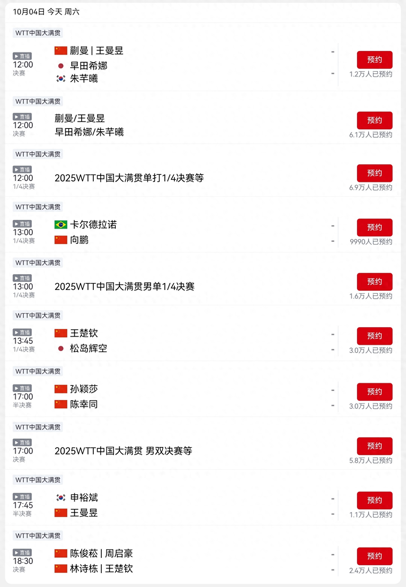 CCTV-5's live broadcast schedule for the WTT China Grand Slam today (10.4): Chinese national team competes in six matches including two finals.