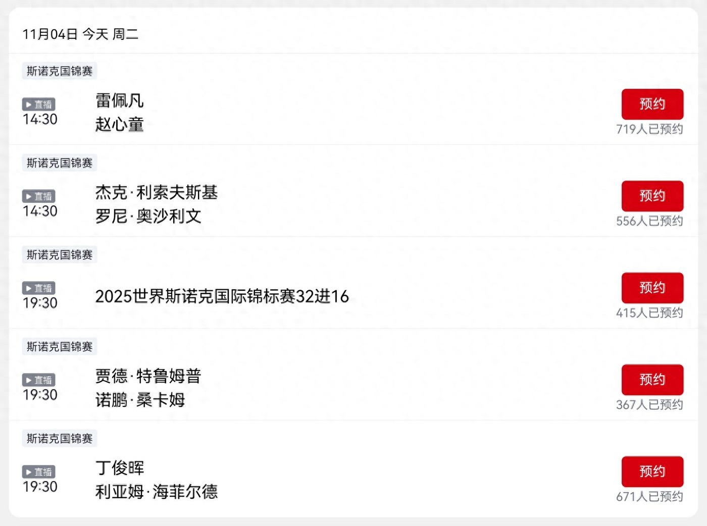 CCTV-5+ and Yangshipin have scheduled live coverage of the Snooker National Championship today (11.4), featuring Ding Junhui and Zhao Xintong.