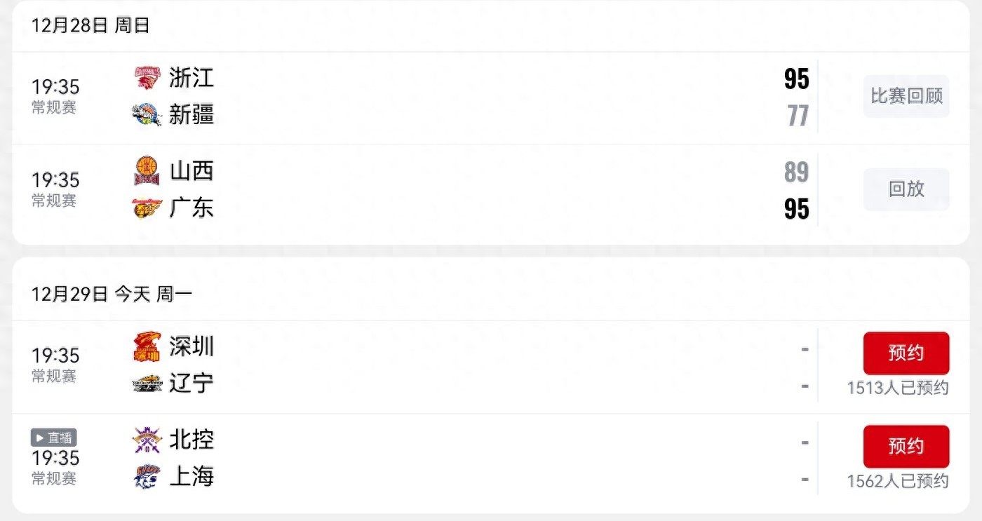 CBA schedule today (12.29): Beijing Enterprises vs. Shanghai Jiushi, live on CCTV-5.