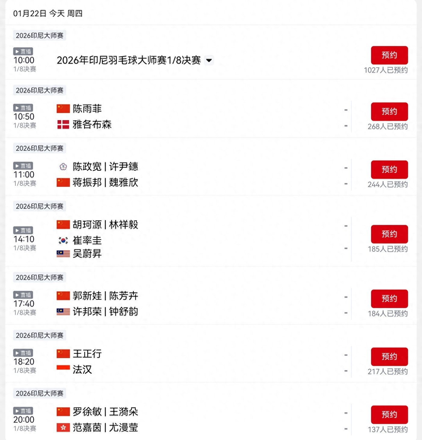 CCTV Sports Today (1.22) Broadcast Schedule for Indonesia Masters: Chen Yufei and Others to Compete in Six Matches