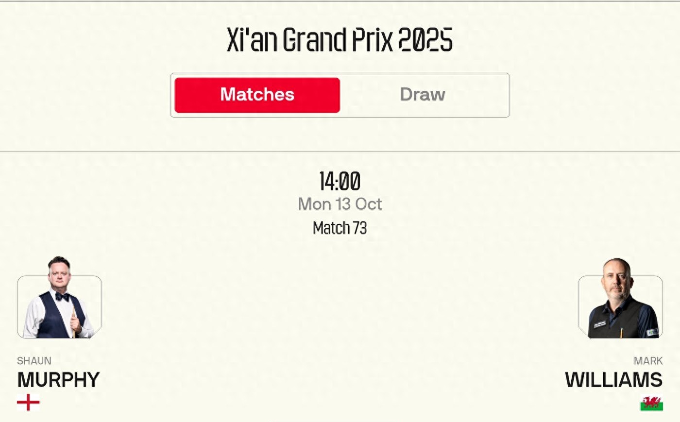 The Snooker Xian Masters schedule for tomorrow (10.13): Williams vs Murphy, live on CCTV-5.