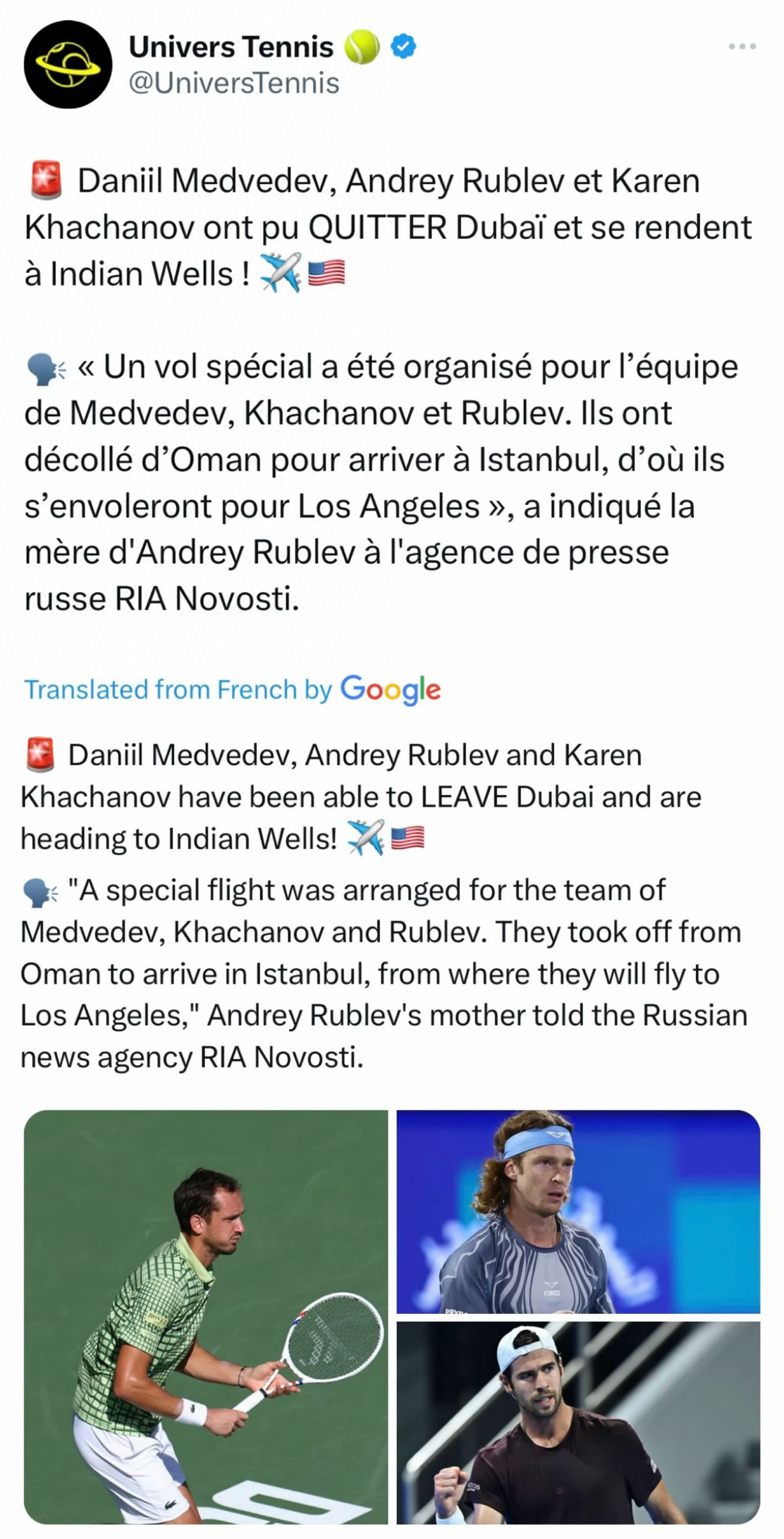 Rublev's Mother: Russian Trio Has Departed Dubai, Heading to Indian Wells
