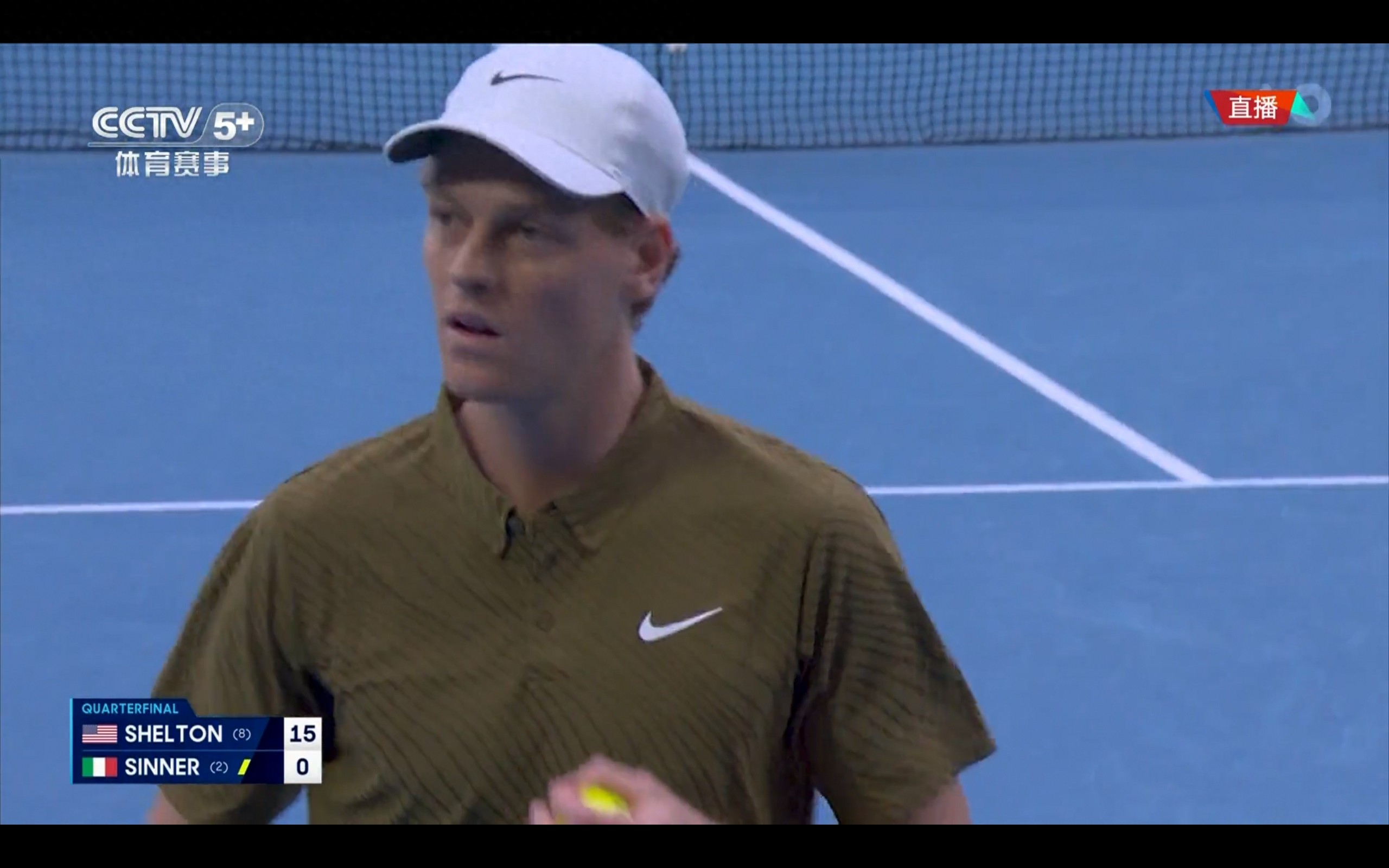 The live broadcast is currently showing the Australian Open men's singles quarterfinals: Sinner vs Shelton.