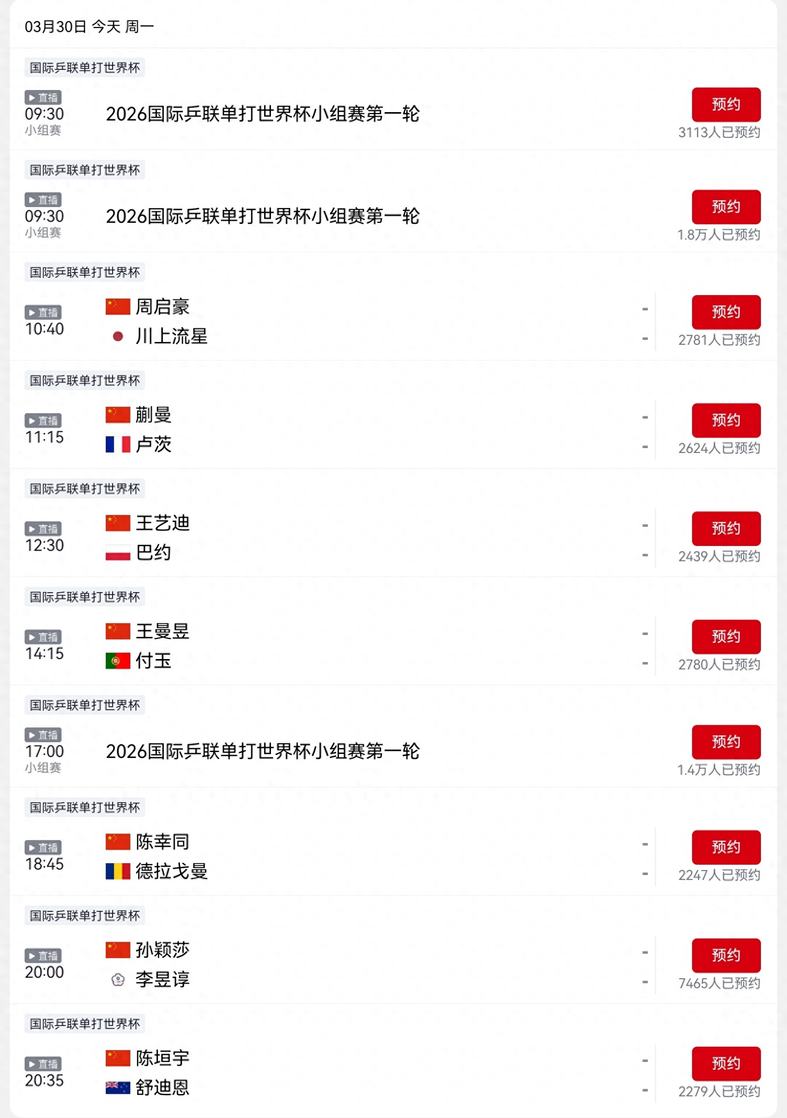 CCTV-5's Today (March 30) Ping Pong World Cup Broadcast Schedule: Sun Yingsha, Wang Manyu, and Seven Others to Compete