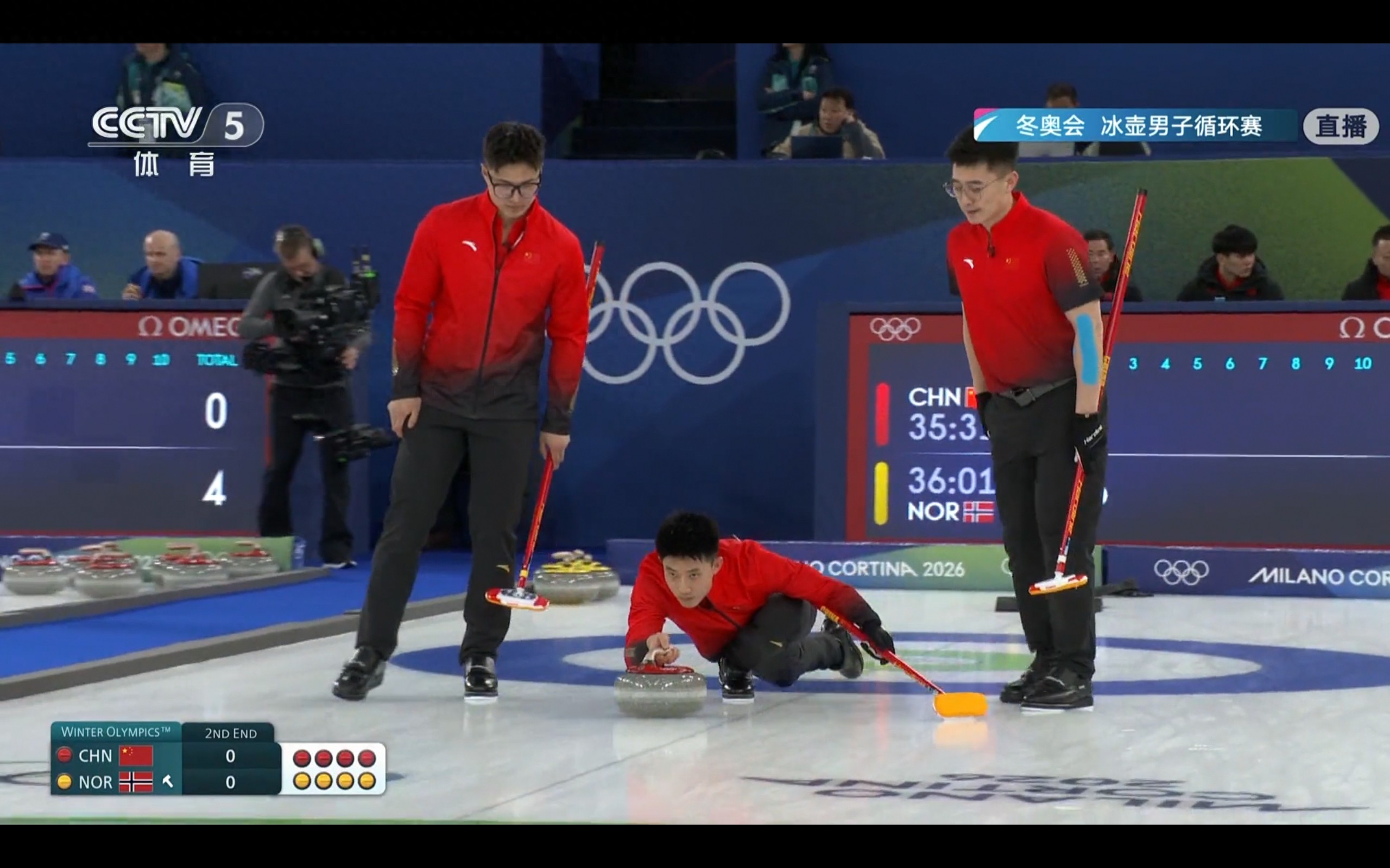 The men's curling round-robin match between China and Norway at the Milan Winter Olympics is currently live.