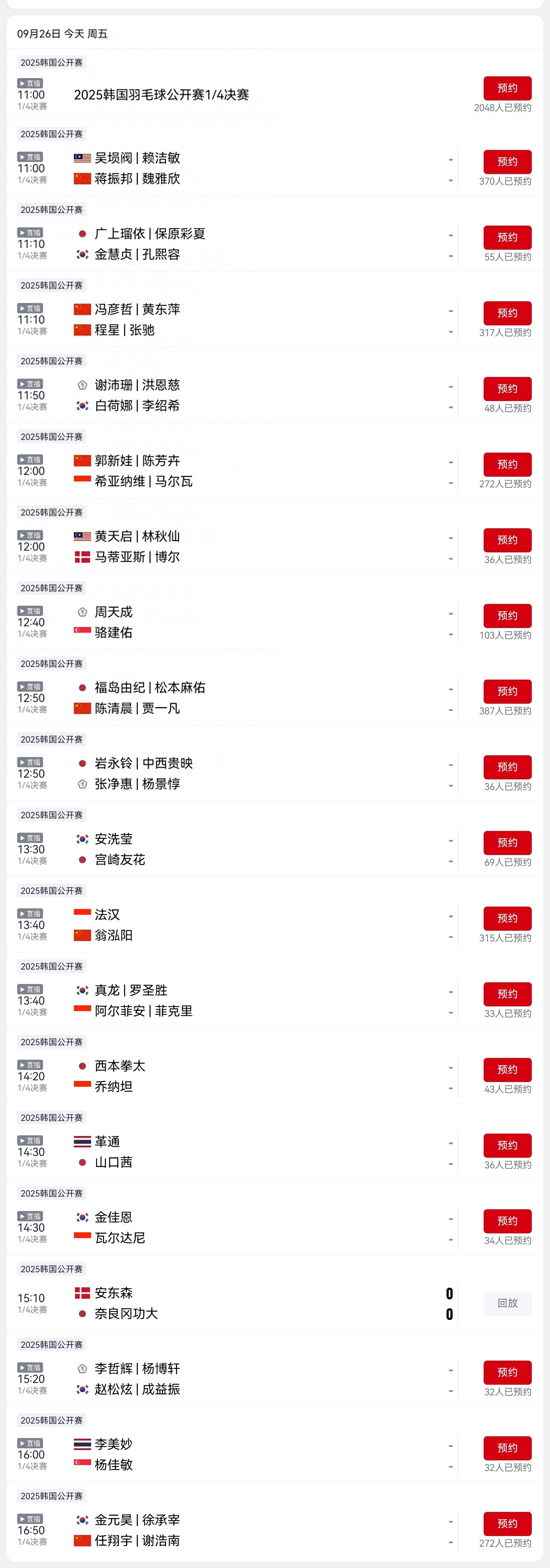 CCTV Sports today (9.26) plans to broadcast the Korea Open Badminton live, with six matches featuring the Chinese team aiming for four wins.